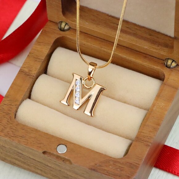 "Rose Gold Letter M Pendant with Crystals – 18K Gold Plated Charm, XPPT1362 - Picture 6 of 13